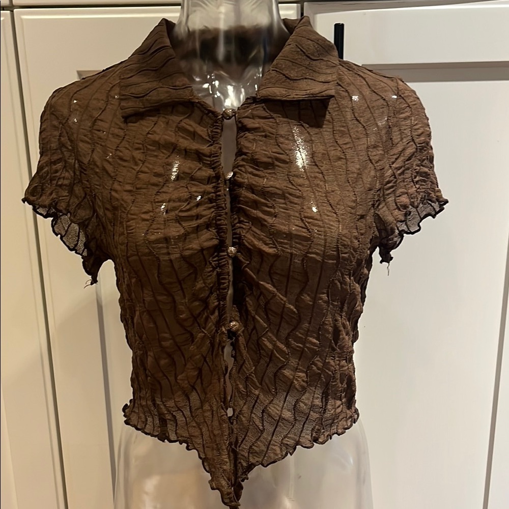 Cider Brown Ruched Button Down Shirt with Notched Collar